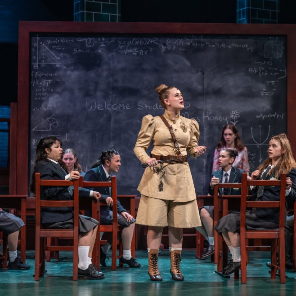 Pictured: The Company of MATILDA THE MUSICAL. Directed by: Megan Watson. Music Directed by: Sarah Richardson. Choreographed by: Stephen Cota. Set Design by: Scott Penner. Costume Design by: Lisa Wright. Lighting Design by: Jareth Li. Sound Design by: Aaron Ouellette. Photo by Dahlia Katz.