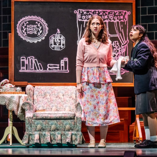 Pictured: The Company of MATILDA THE MUSICAL. Directed by: Megan Watson. Music Directed by: Sarah Richardson. Choreographed by: Stephen Cota. Set Design by: Scott Penner. Costume Design by: Lisa Wright. Lighting Design by: Jareth Li. Sound Design by: Aaron Ouellette. Photo by Dahlia Katz.