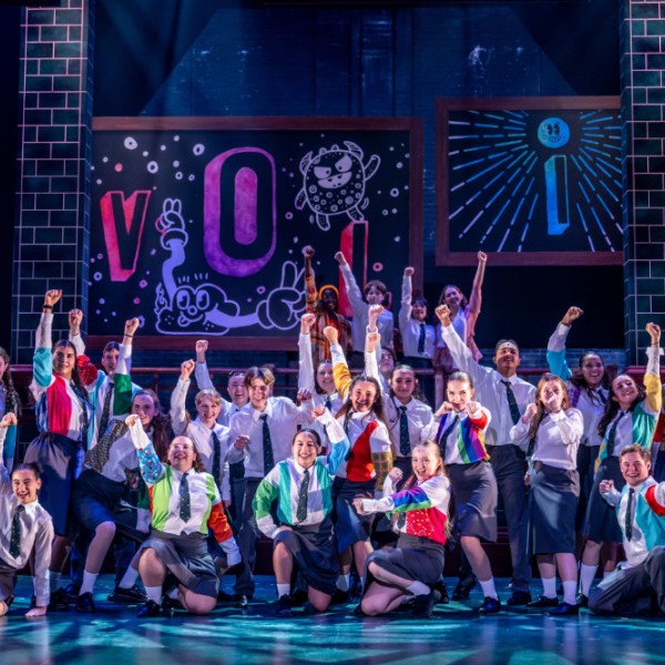 Pictured: The Company of MATILDA THE MUSICAL. Directed by: Megan Watson. Music Directed by: Sarah Richardson. Choreographed by: Stephen Cota. Set Design by: Scott Penner. Costume Design by: Lisa Wright. Lighting Design by: Jareth Li. Sound Design by: Aaron Ouellette. Photo by Dahlia Katz.