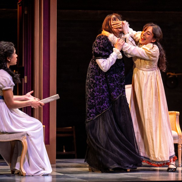 Pictured: Beck Lloyd, Sarah Wilson, Lior Maharjan. Directed by Rebecca Northan, Choreographed by Krista Leis, Set Design by Brandon Kleiman, Costume Design by Joanna Yu, Lighting Design by Sophie Tang, Sound Design by Maddie Bautista. Photo by Dahlia Katz.