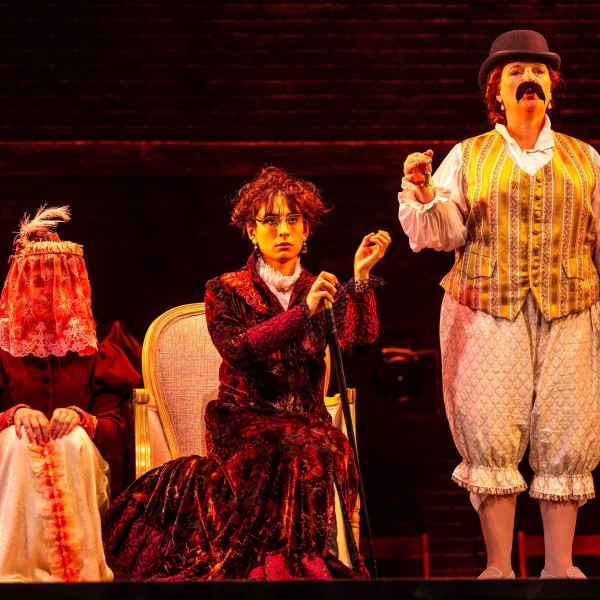 Pictured: Raechel Fisher, Lior Maharjan, Kate Hennig. Directed by Rebecca Northan, Choreographed by Krista Leis, Set Design by Brandon Kleiman, Costume Design by Joanna Yu, Lighting Design by Sophie Tang, Sound Design by Maddie Bautista. Photo by Dahlia Katz.