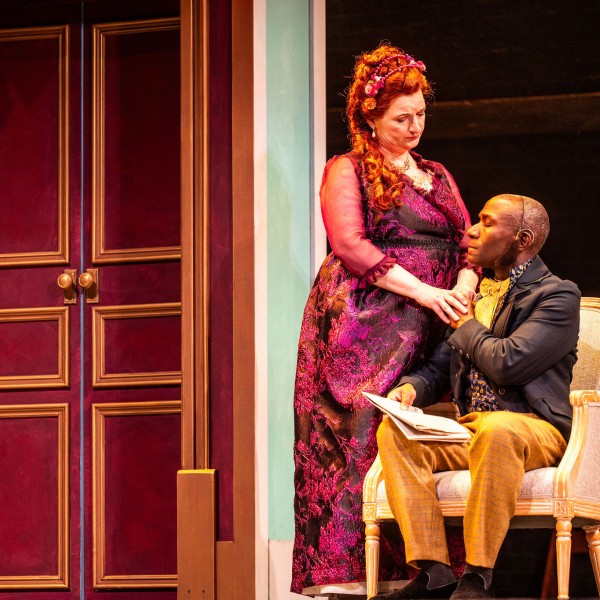 Pictured: Kate Hennig, Andrew Moodie. Directed by Rebecca Northan, Choreographed by Krista Leis, Set Design by Brandon Kleiman, Costume Design by Joanna Yu, Lighting Design by Sophie Tang, Sound Design by Maddie Bautista. Photo by Dahlia Katz.