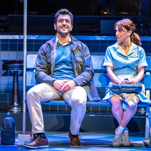 Pictured (L to R): Kamyar Pazandeh & Julia McLellan. Director: Rachel Peake. Music Director: Patrick Bowman. Choreographer: Genny Sermonia. Set & Costume Designer: Scott Penner. Lighting Designer: Michelle Ramsay. Sound Designer: Richard Feren. Fight & Intimacy Director: Siobhan Richardson. Photo by Dahlia Katz.