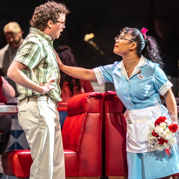 Pictured: THE COMPANY OF WAITRESS. Director: Rachel Peake. Music Director: Patrick Bowman. Choreographer: Genny Sermonia. Set & Costume Designer: Scott Penner. Lighting Designer: Michelle Ramsay. Sound Designer: Richard Feren. Fight & Intimacy Director: Siobhan Richardson. Photo by Dahlia Katz.
