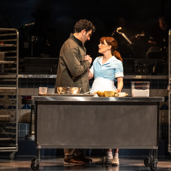 Pictured (L to R): Kamyar Pazandeh & Julia McLellan. Director: Rachel Peake. Music Director: Patrick Bowman. Choreographer: Genny Sermonia. Set & Costume Designer: Scott Penner. Lighting Designer: Michelle Ramsay. Sound Designer: Richard Feren. Fight & Intimacy Director: Siobhan Richardson. Photo by Dahlia Katz.